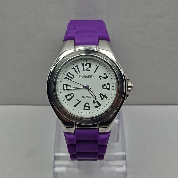 Womens Embassy By Gruen Silver Tone Purple Watch Silicone Band New Battery - Picture 1 of 9